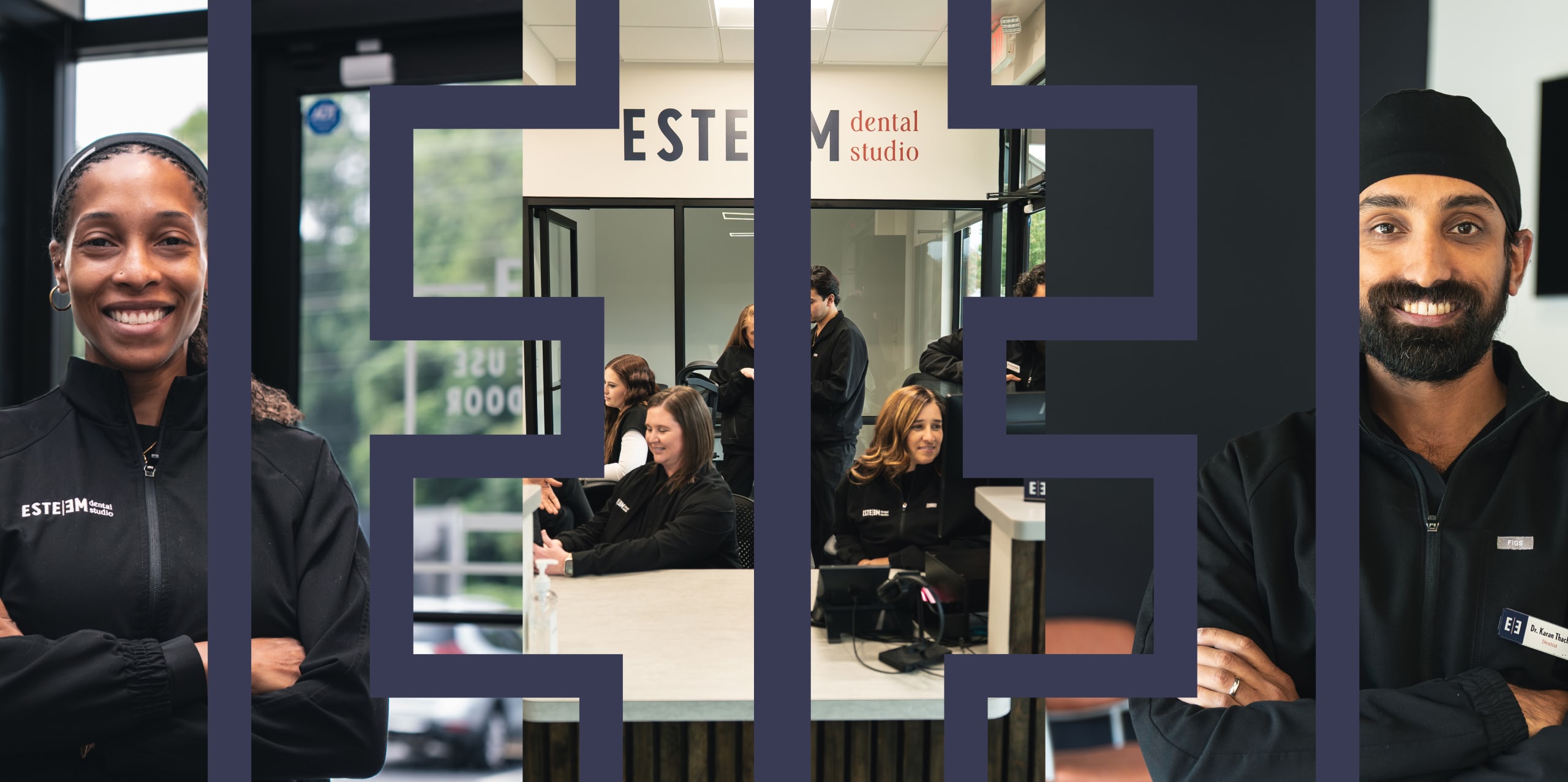 A group of three images. The first one being of a close up of a dental instrument, the second of a young woman smiling, and the third of a close up of a dental Xray